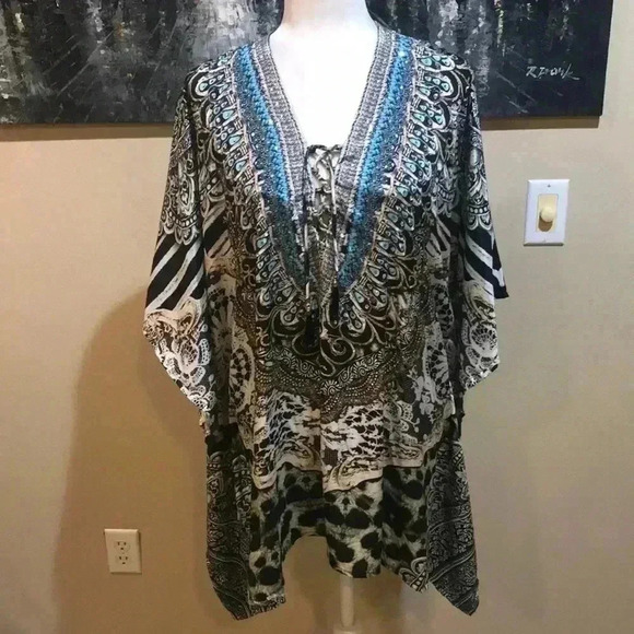 Sakkas Kaftan Mixed Animal print with Intricate Beading V Neck Top-One Size - Picture 1 of 12